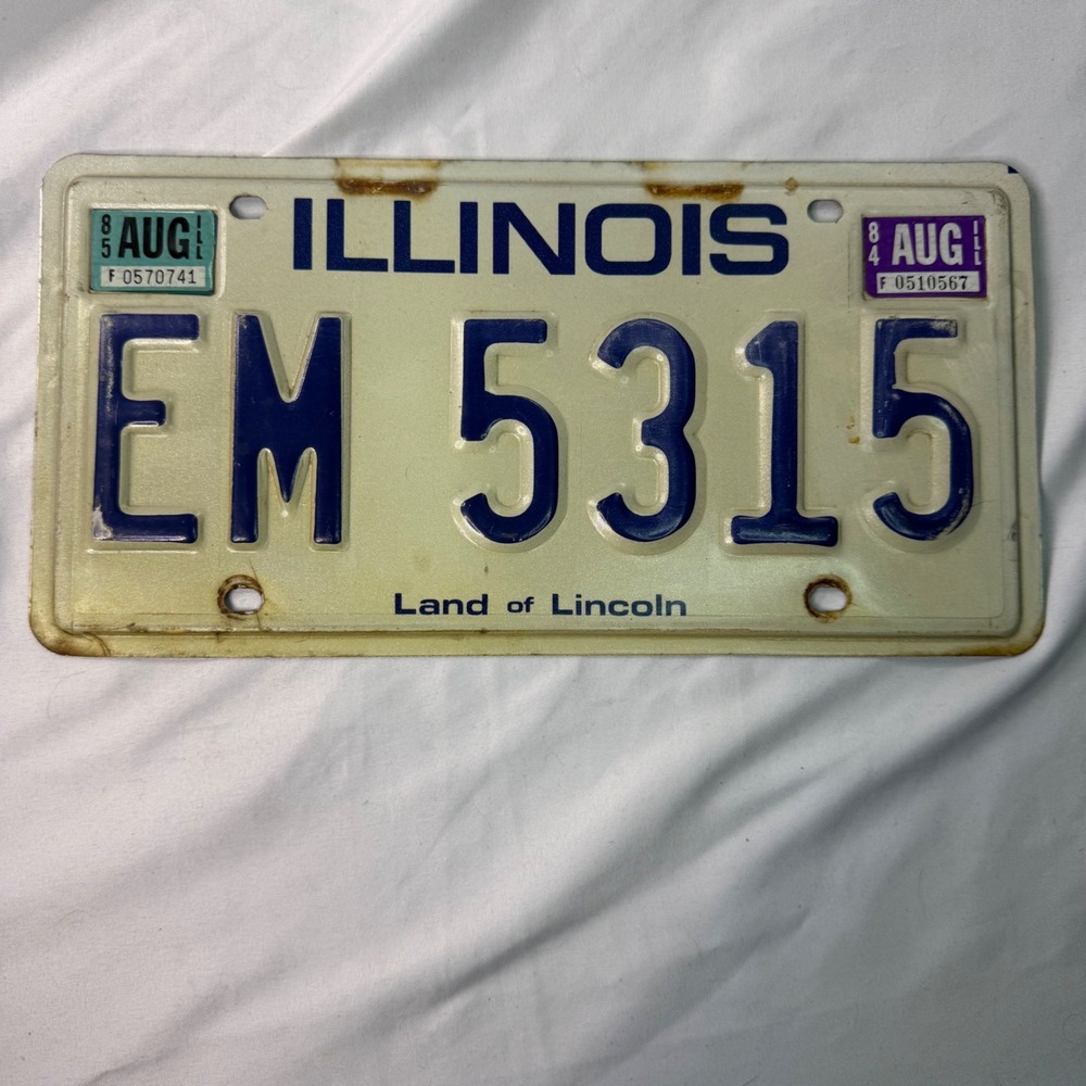 Vintage Illinois License Plate Land of Lincoln EM 5315 1984 1985 Blue White